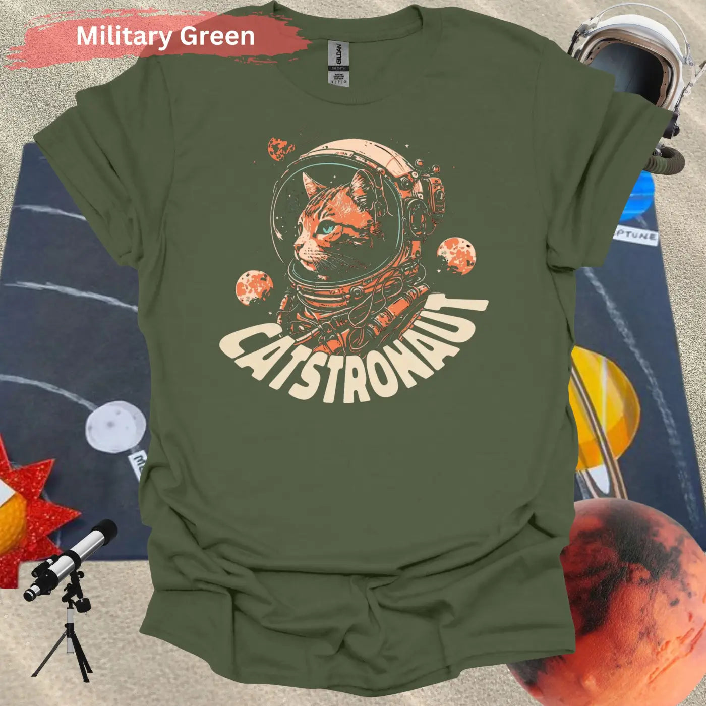 Catstronaut T-shirt - S / Military Green - Physical Item