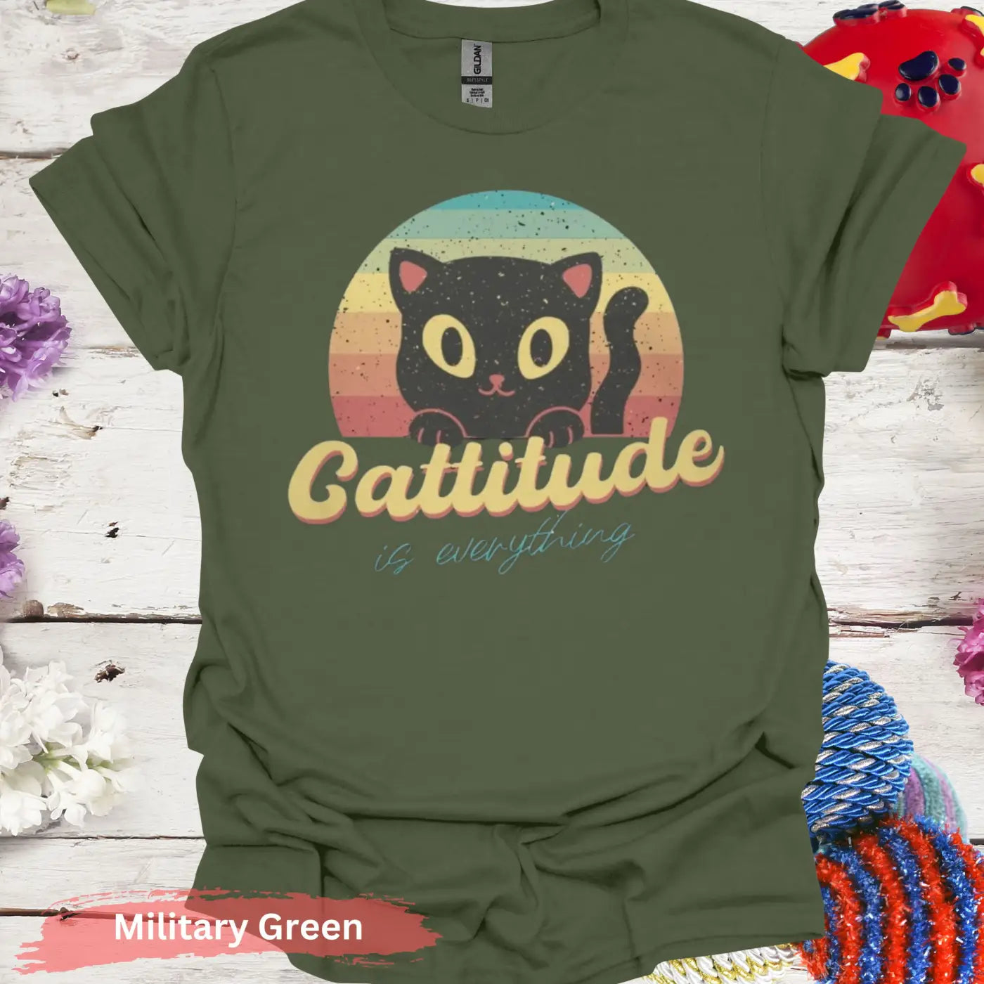 Cattitude Is Everything T-shirt - S / Military Green - Physical Item