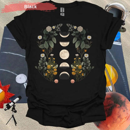 Celestial Bloom: Moon Phases and Botanical T-Shirt - S / Black - Physical Item