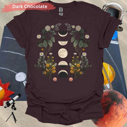 Celestial Bloom: Moon Phases and Botanical T-Shirt - S / Dark Chocolate - Physical Item