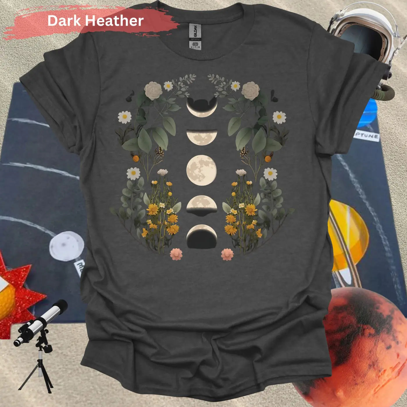 Celestial Bloom: Moon Phases and Botanical T-Shirt - S / Dark Heather - Physical Item