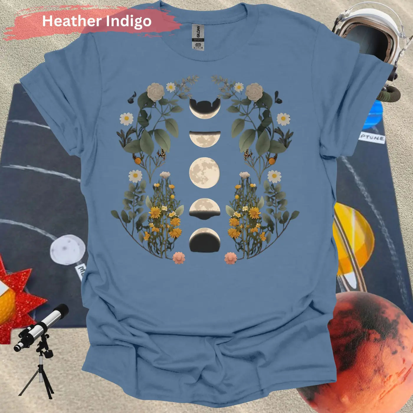 Celestial Bloom: Moon Phases and Botanical T-Shirt - S / Heather Indigo - Physical Item