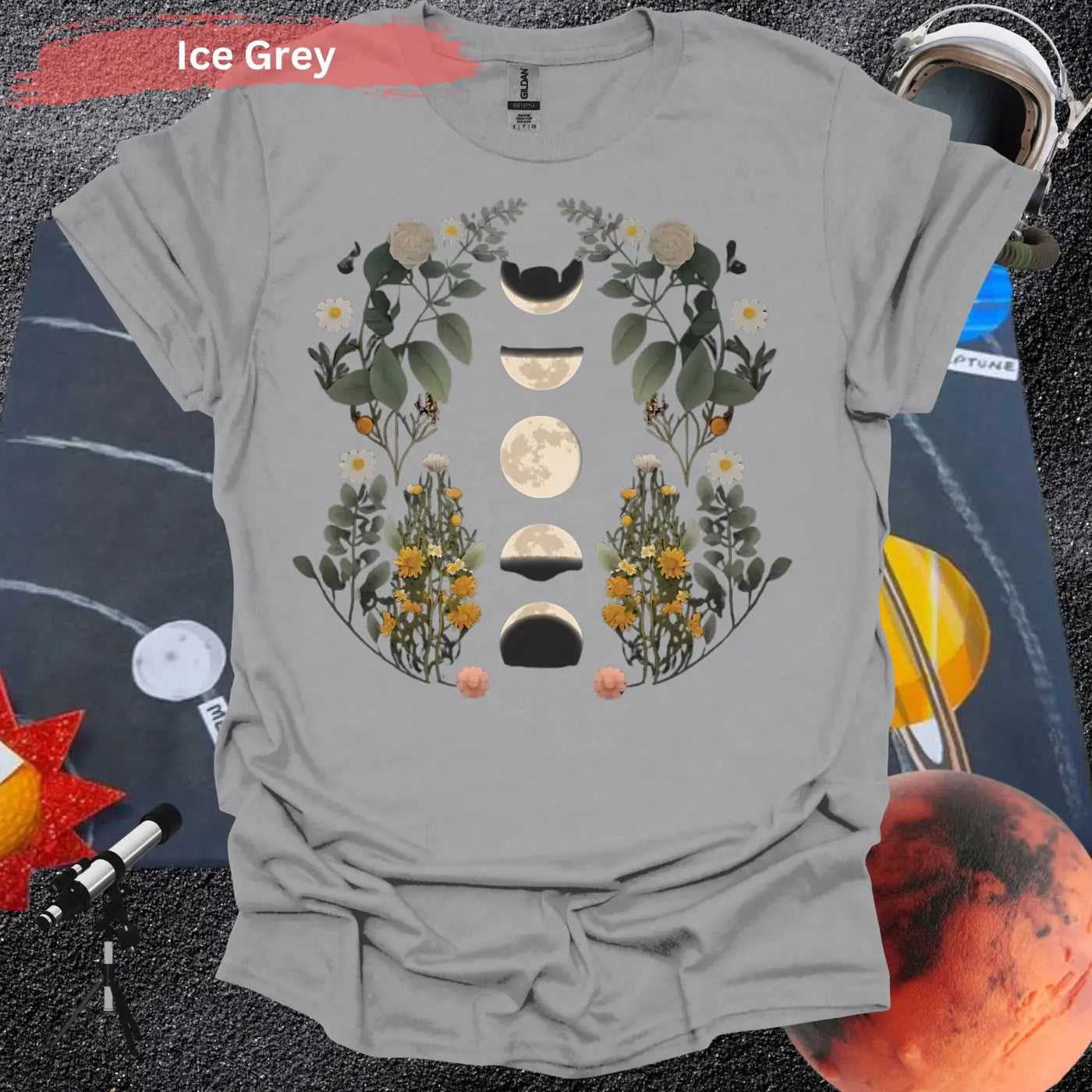 Celestial Bloom: Moon Phases and Botanical T-Shirt - S / Ice Grey - Physical Item