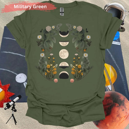 Celestial Bloom: Moon Phases and Botanical T-Shirt - S / Military Green - Physical Item