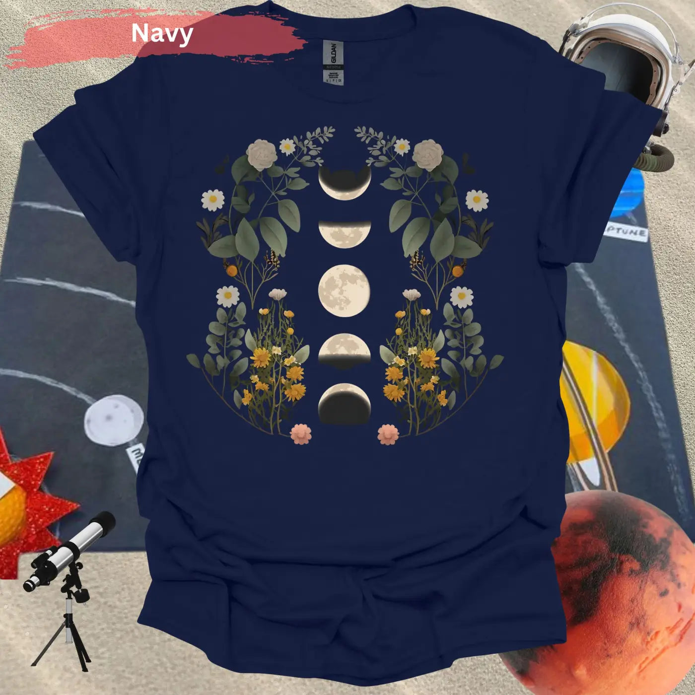 Celestial Bloom: Moon Phases and Botanical T-Shirt - S / Navy - Physical Item