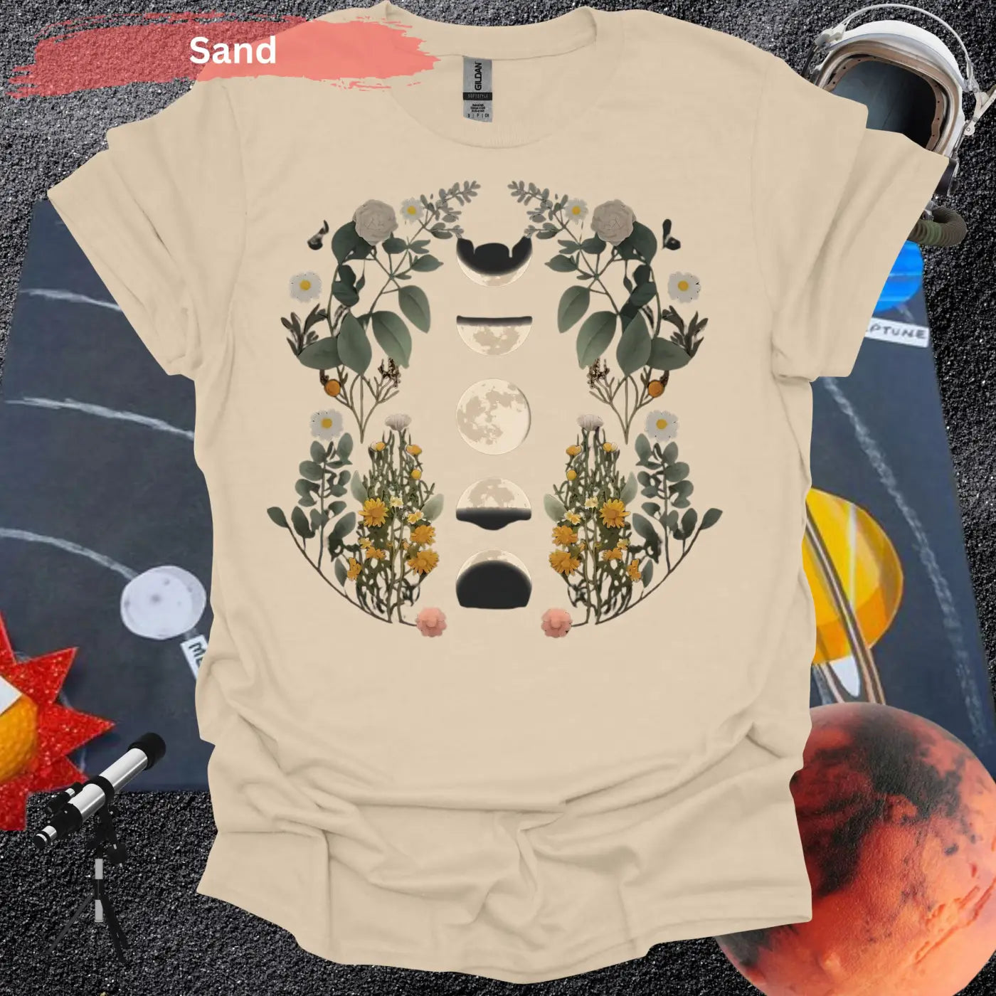 Celestial Bloom: Moon Phases and Botanical T-Shirt - S / Sand - Physical Item