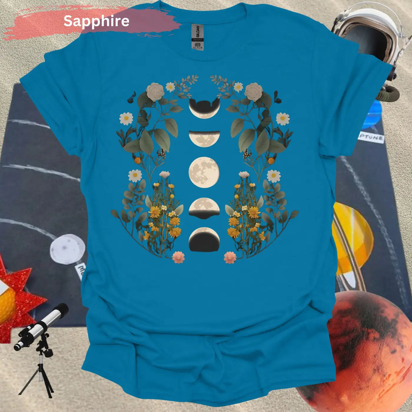 Celestial Bloom: Moon Phases and Botanical T-Shirt - S / Sapphire - Physical Item