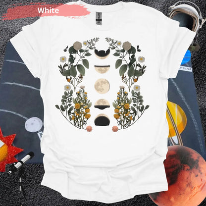 Celestial Bloom: Moon Phases and Botanical T-Shirt - S / White - Physical Item