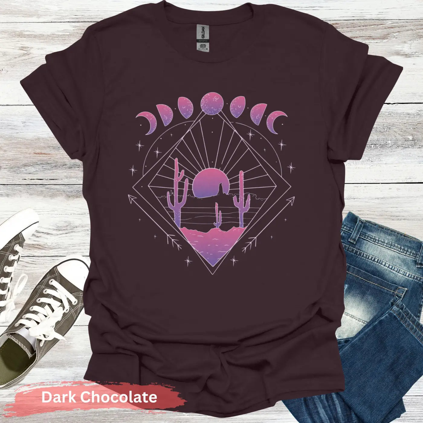 Celestial Desert Sunset Landscape T-shirt - S / Dark Chocolate - Physical Item