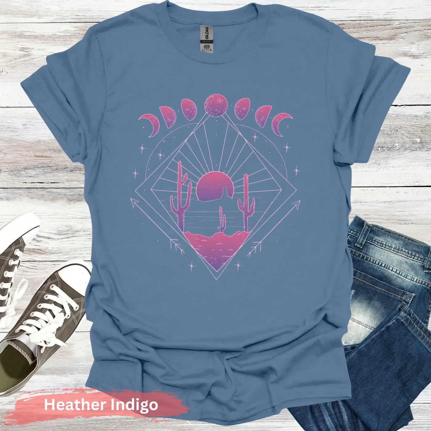 Celestial Desert Sunset Landscape T-shirt - S / Heather Indigo - Physical Item