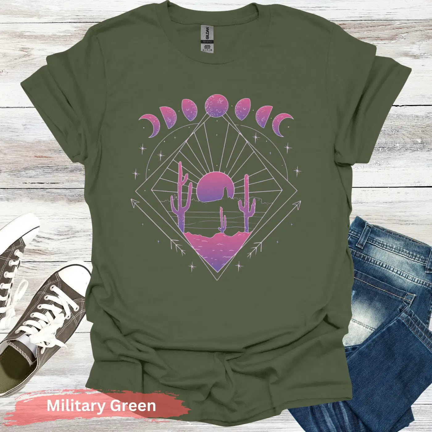 Celestial Desert Sunset Landscape T-shirt - S / Military Green - Physical Item
