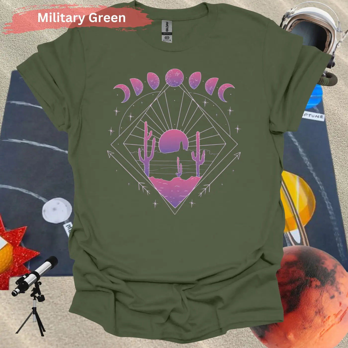 Celestial Desert Sunset Landscape T-shirt - S / Military Green - Physical Item