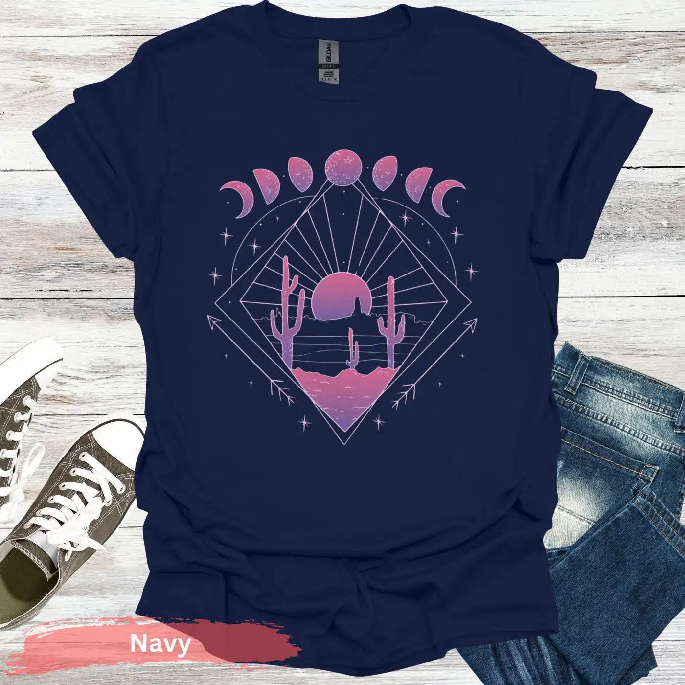 Celestial Desert Sunset Landscape T-shirt - S / Navy - Physical Item