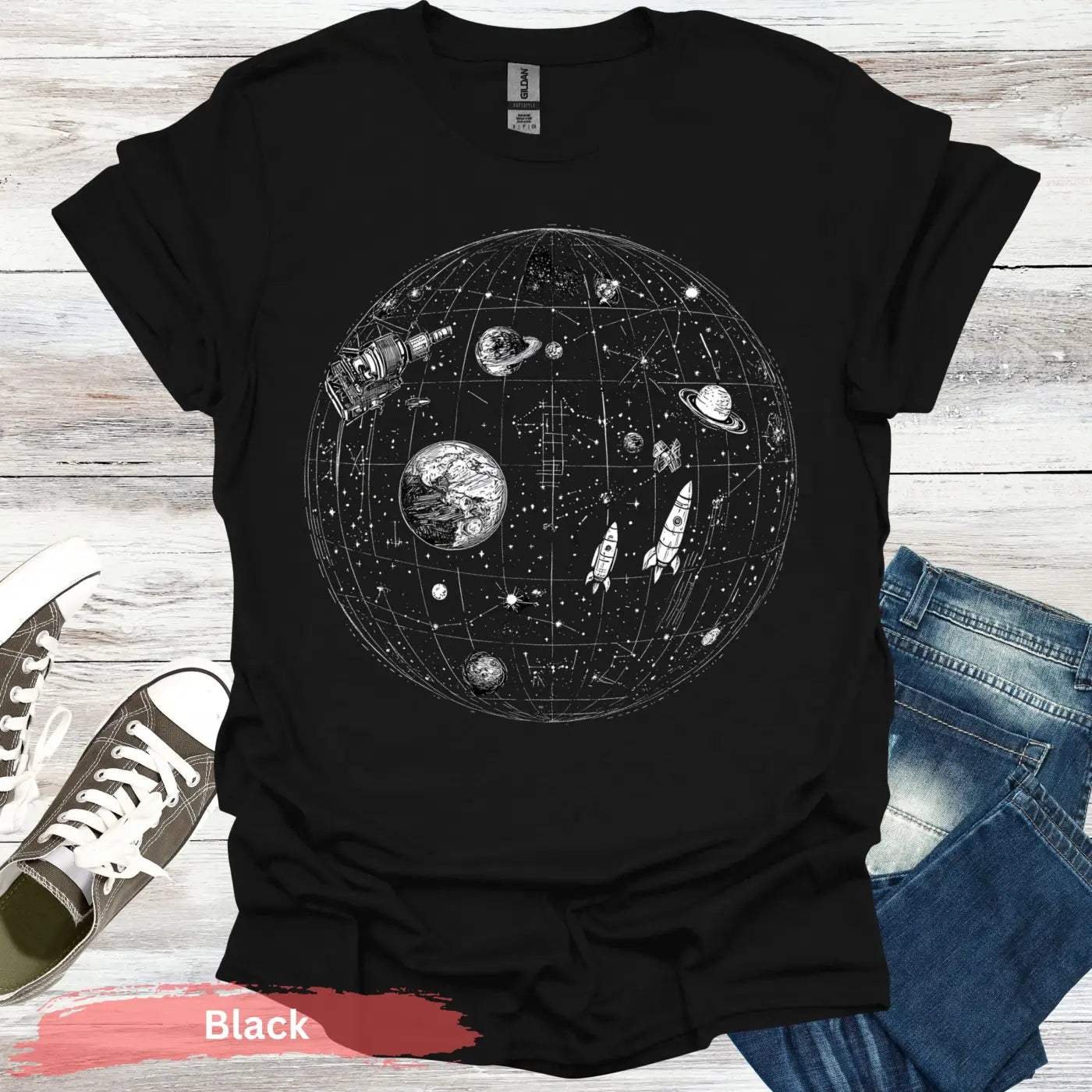 Celestial Map with Rockets Planet T-Shirt - S / Black - Physical Item