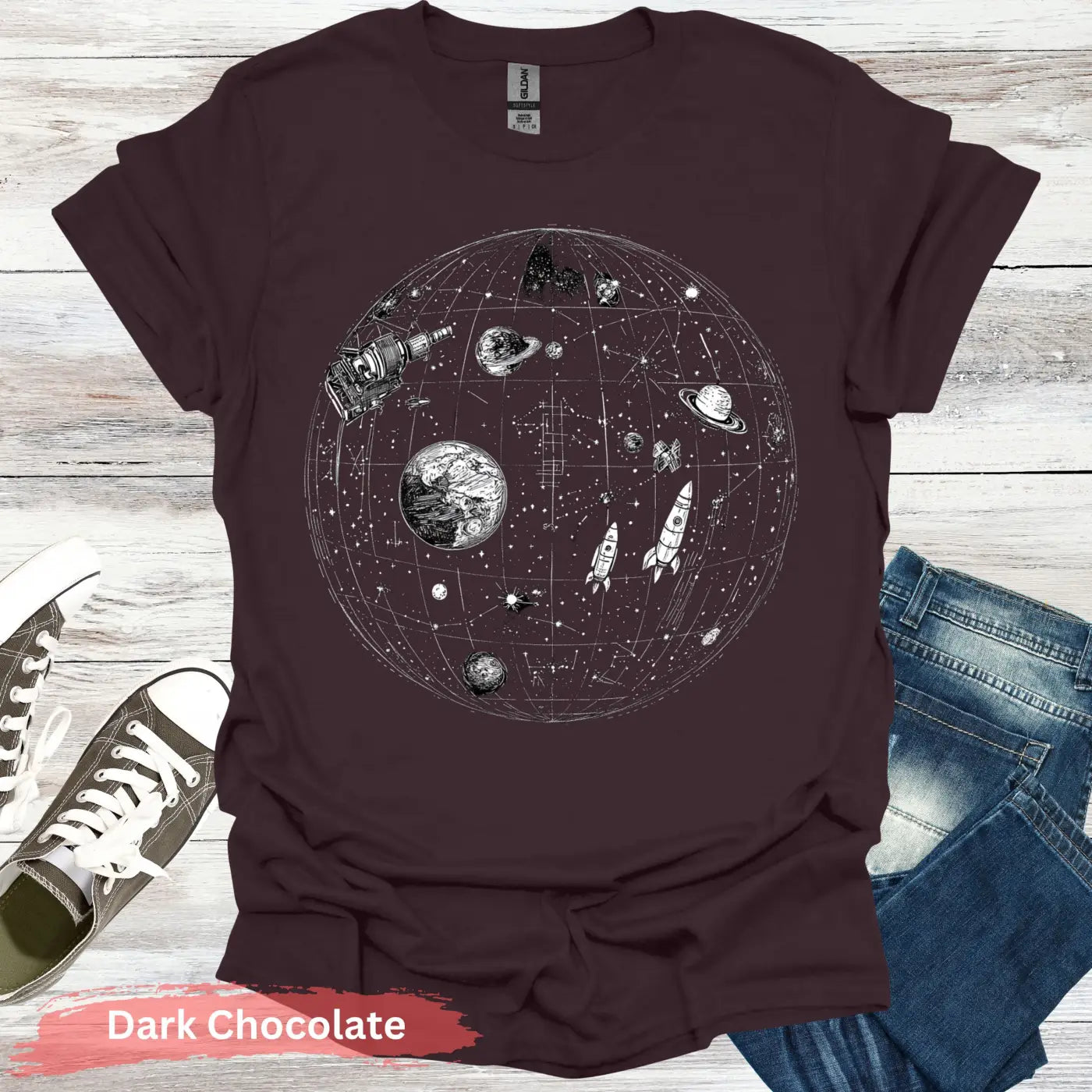 Celestial Map with Rockets Planet T-Shirt - S / Dark Chocolate - Physical Item