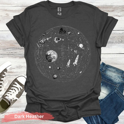 Celestial Map with Rockets Planet T-Shirt - S / Dark Heather - Physical Item