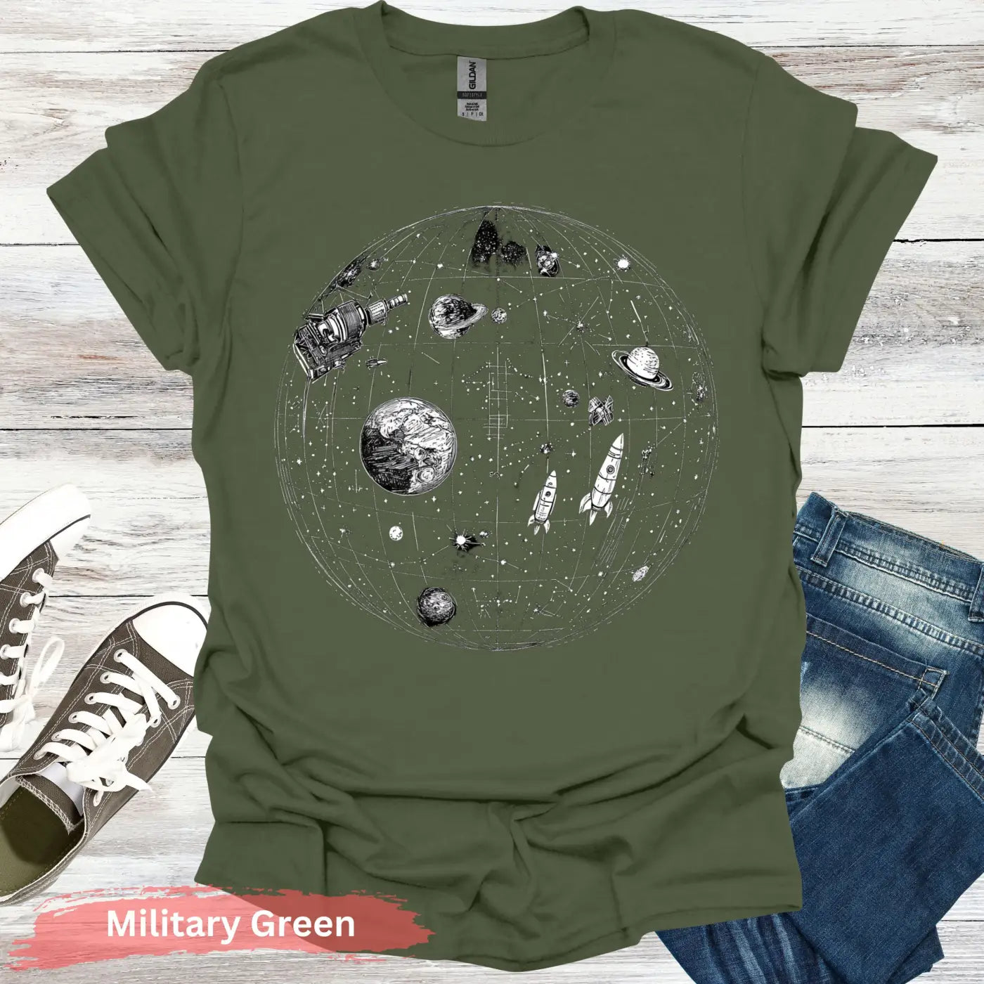 Celestial Map with Rockets Planet T-Shirt - S / Military Green - Physical Item
