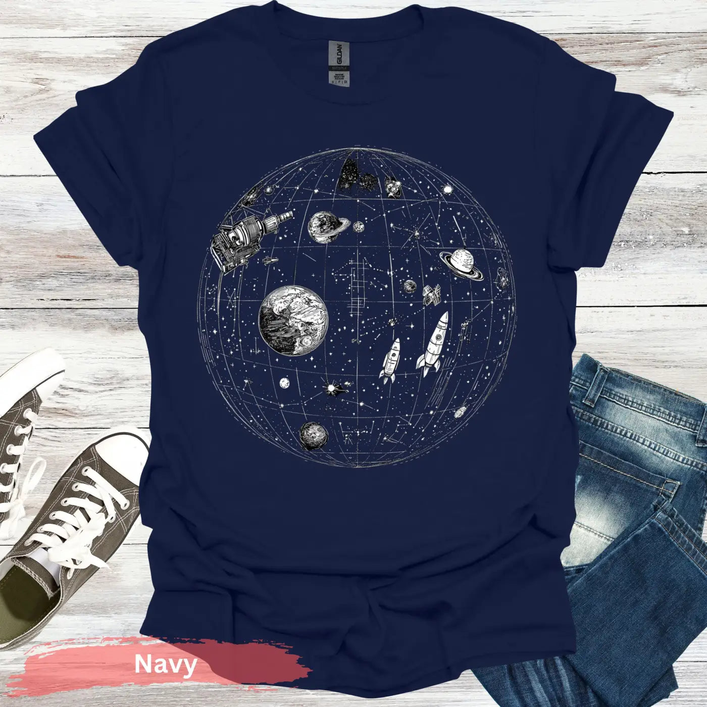 Celestial Map with Rockets Planet T-Shirt - S / Navy - Physical Item