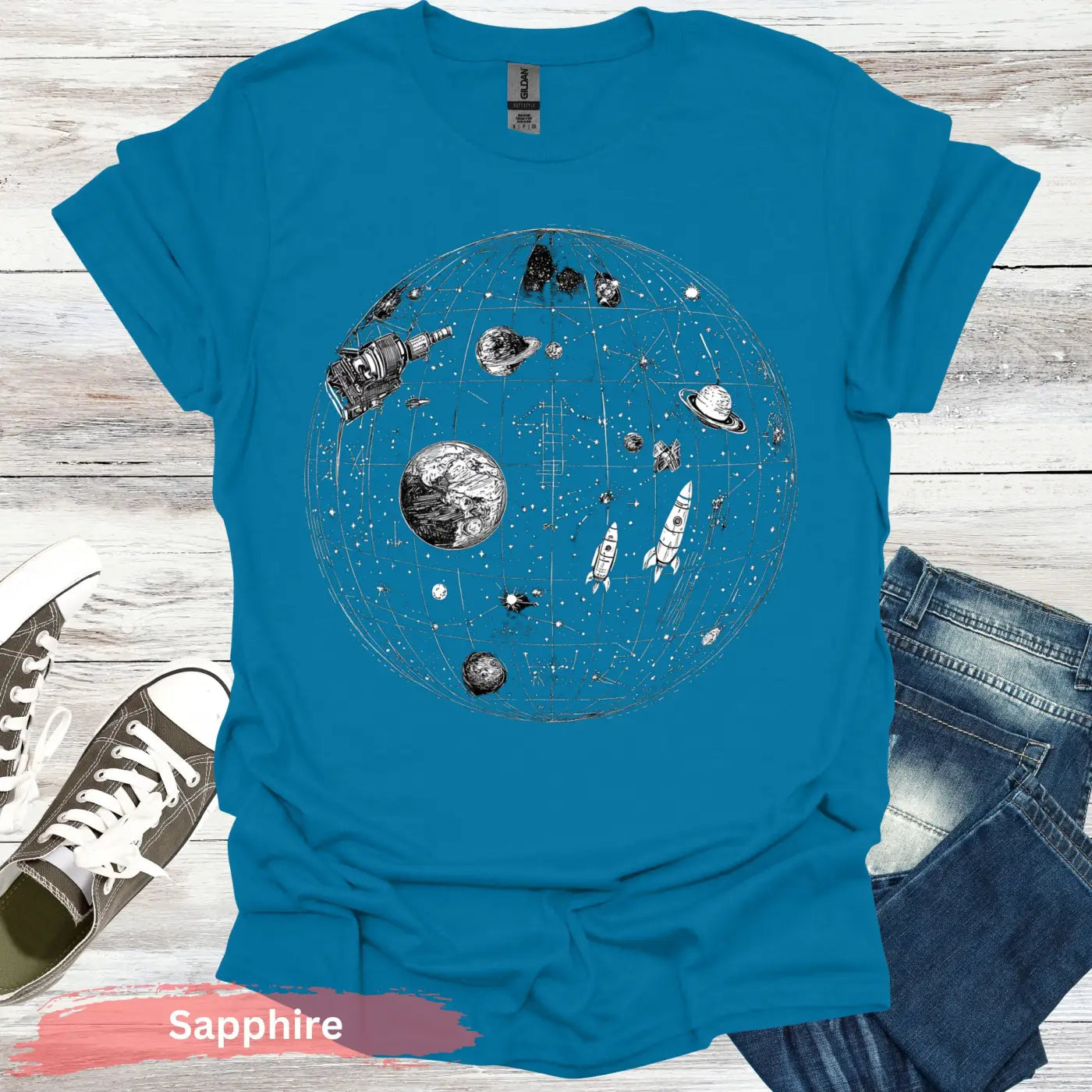 Celestial Map with Rockets Planet T-Shirt - S / Sapphire - Physical Item