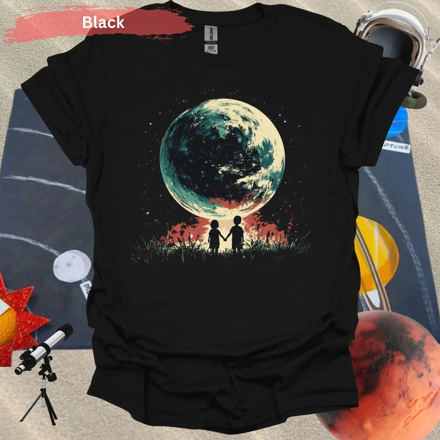 Children Under Moonlight Holding Hands in Dreamy Nightscape T-Shirt - S / Black - Physical Item