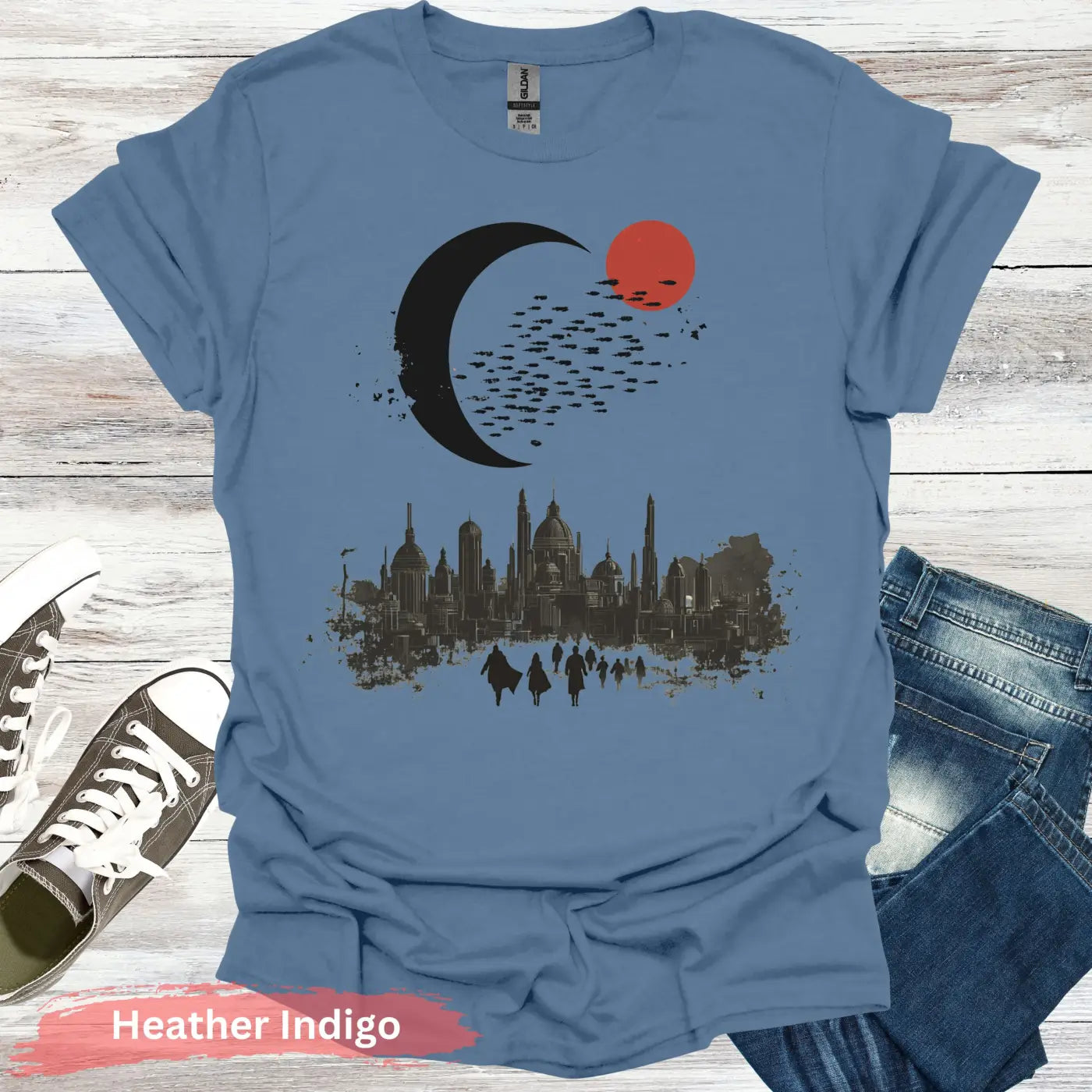 City Beneath the Crescent T-shirt - S / Heather Indigo - Physical Item