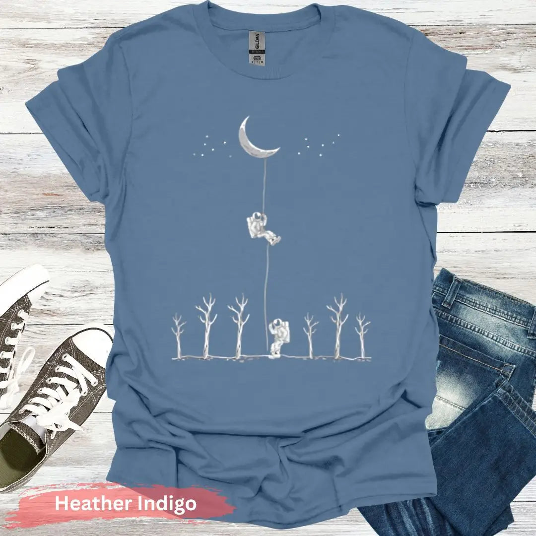 Climbing to the Moon T-Shirt - S / Heather Indigo - Physical Item