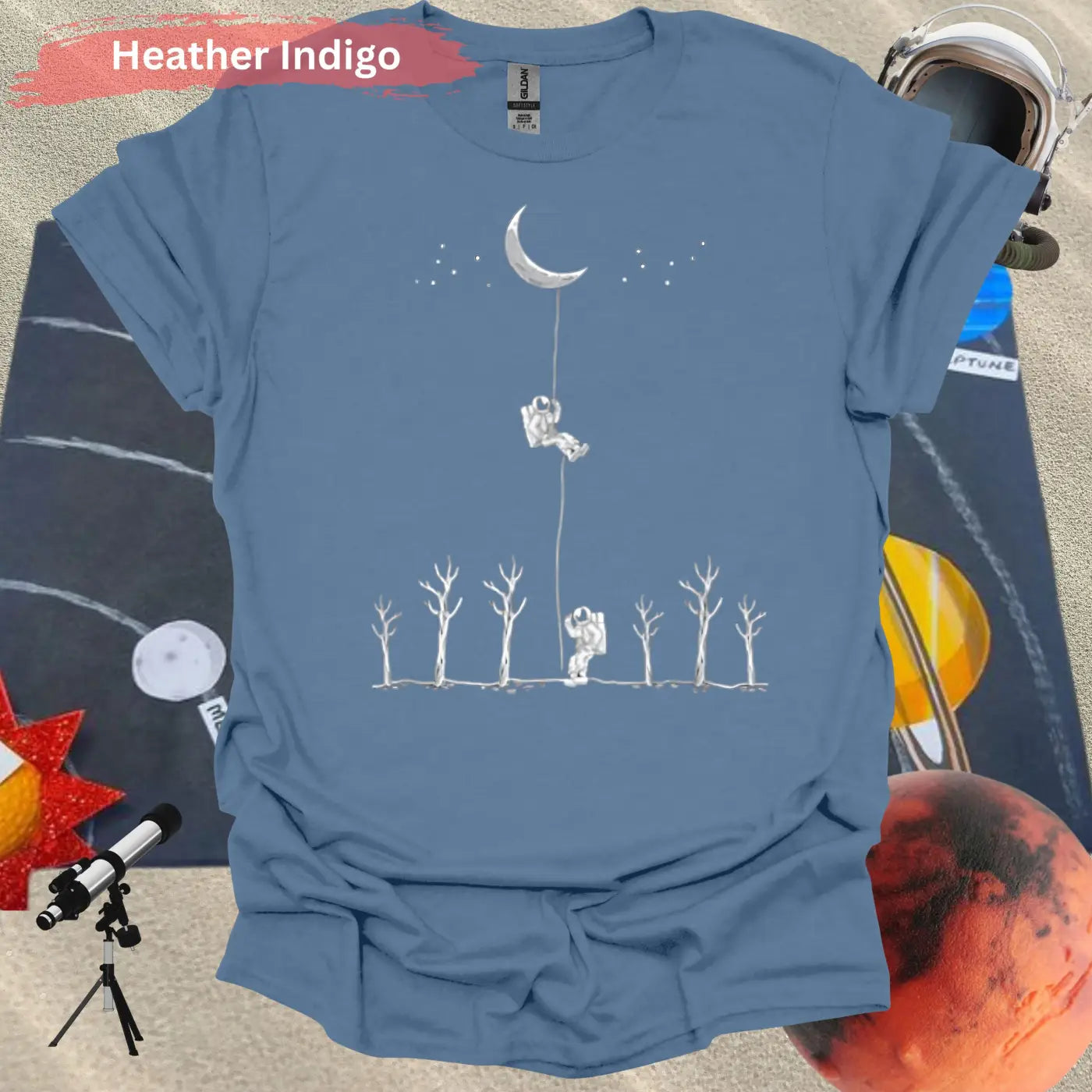 Climbing to the Moon T-Shirt - S / Heather Indigo - Physical Item