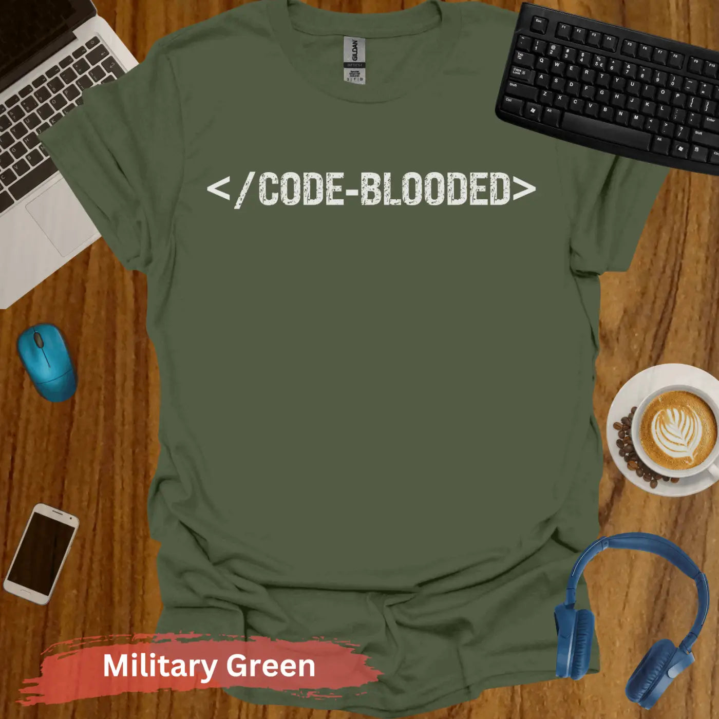 CODE-BLOODED T-Shirt - S / Military Green - Physical Item