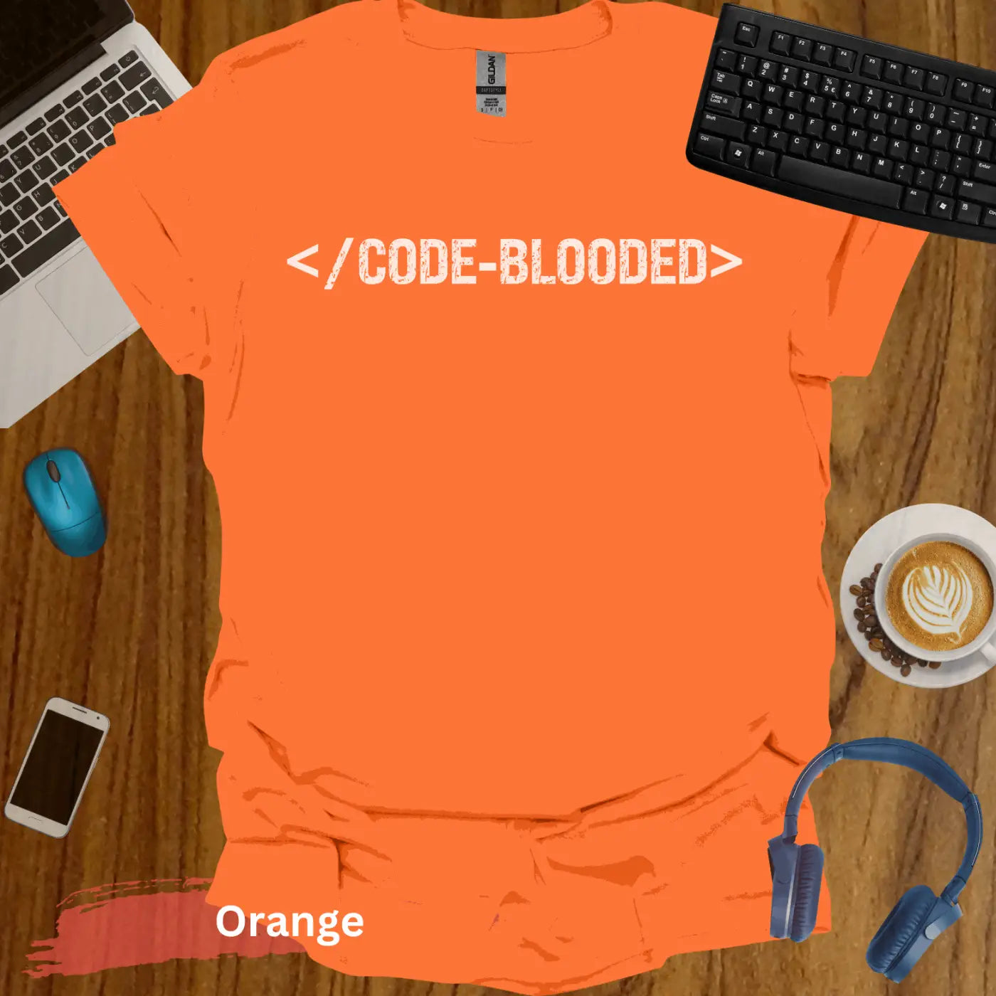 CODE-BLOODED T-Shirt - S / Orange - Physical Item