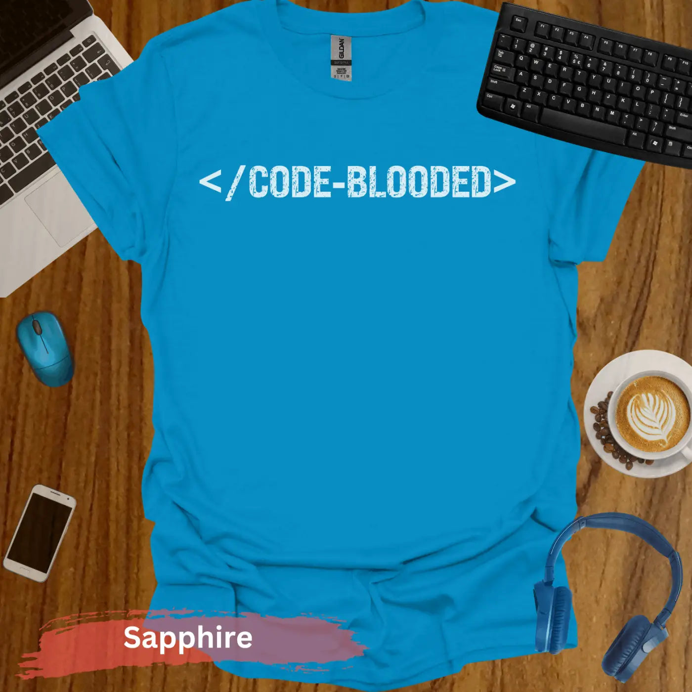 CODE-BLOODED T-Shirt - S / Sapphire - Physical Item