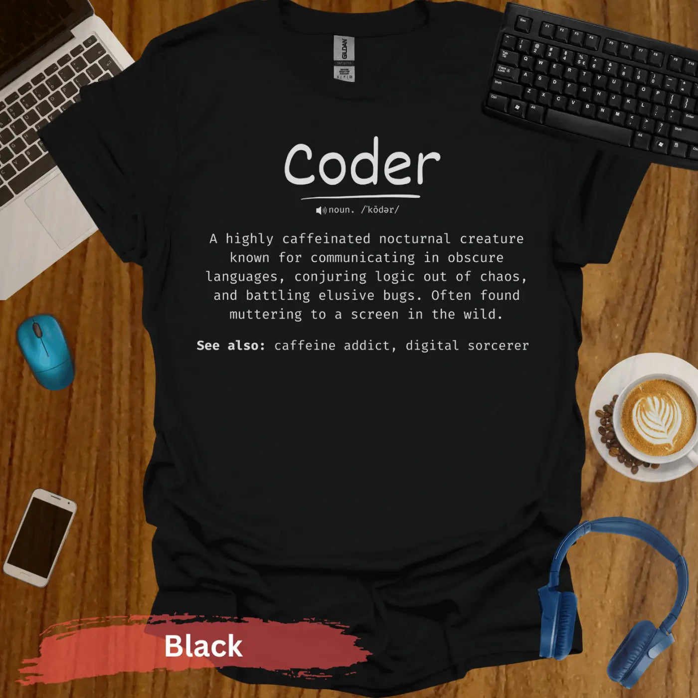 Coder Funny Definition For Computer Enthusiasts T-Shirt - S / Black - Physical Item