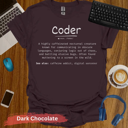 Coder Funny Definition For Computer Enthusiasts T-Shirt - S / Dark Chocolate - Physical Item