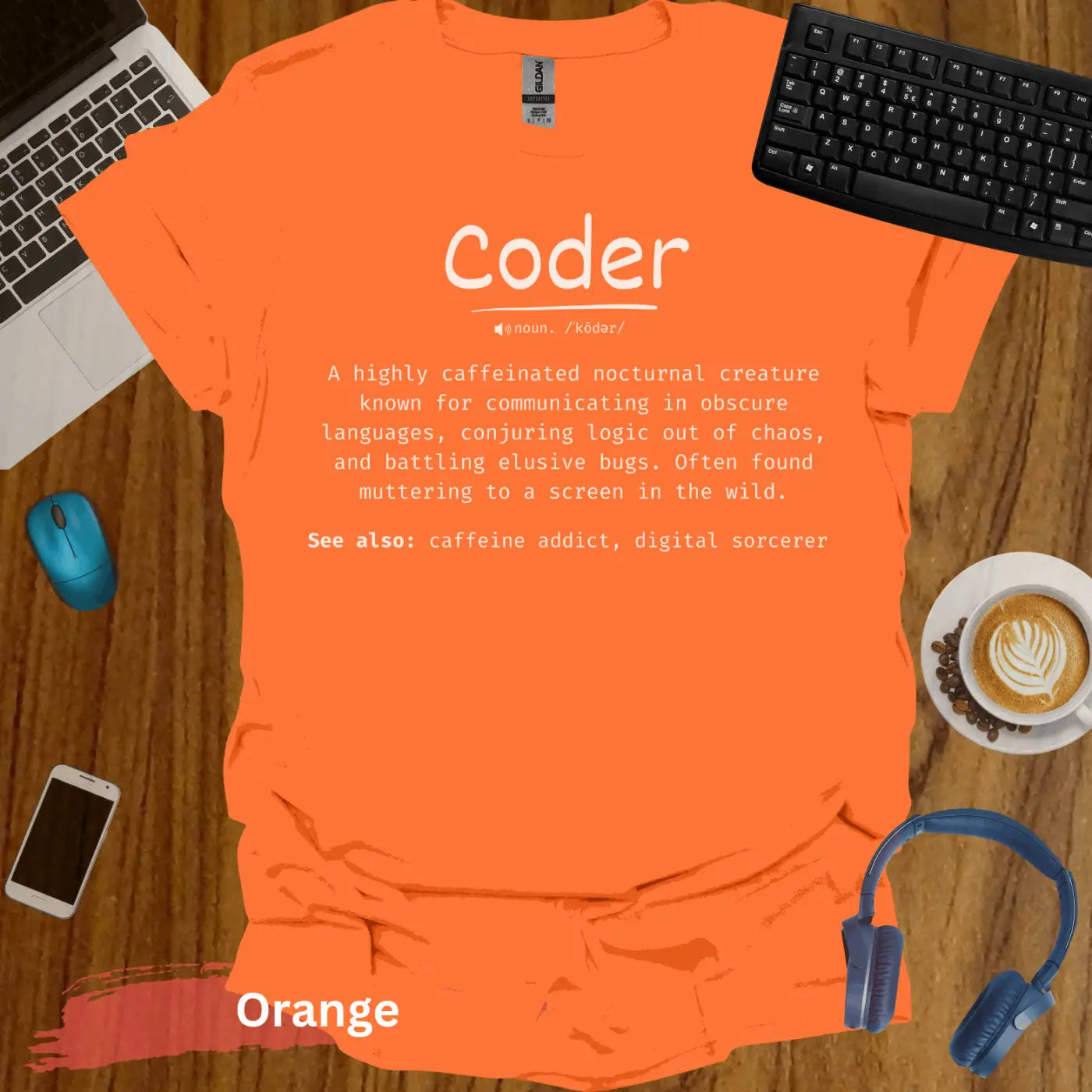 Coder Funny Definition For Computer Enthusiasts T-Shirt - S / Orange - Physical Item