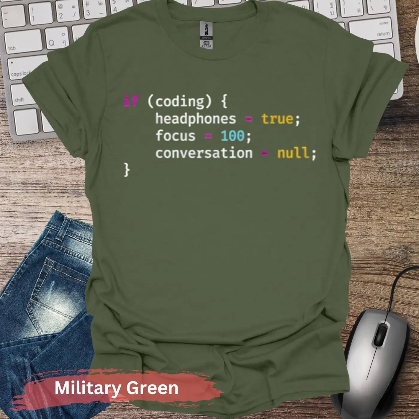 Coding Focus 100 T-shirt - S / Military Green - Physical Item