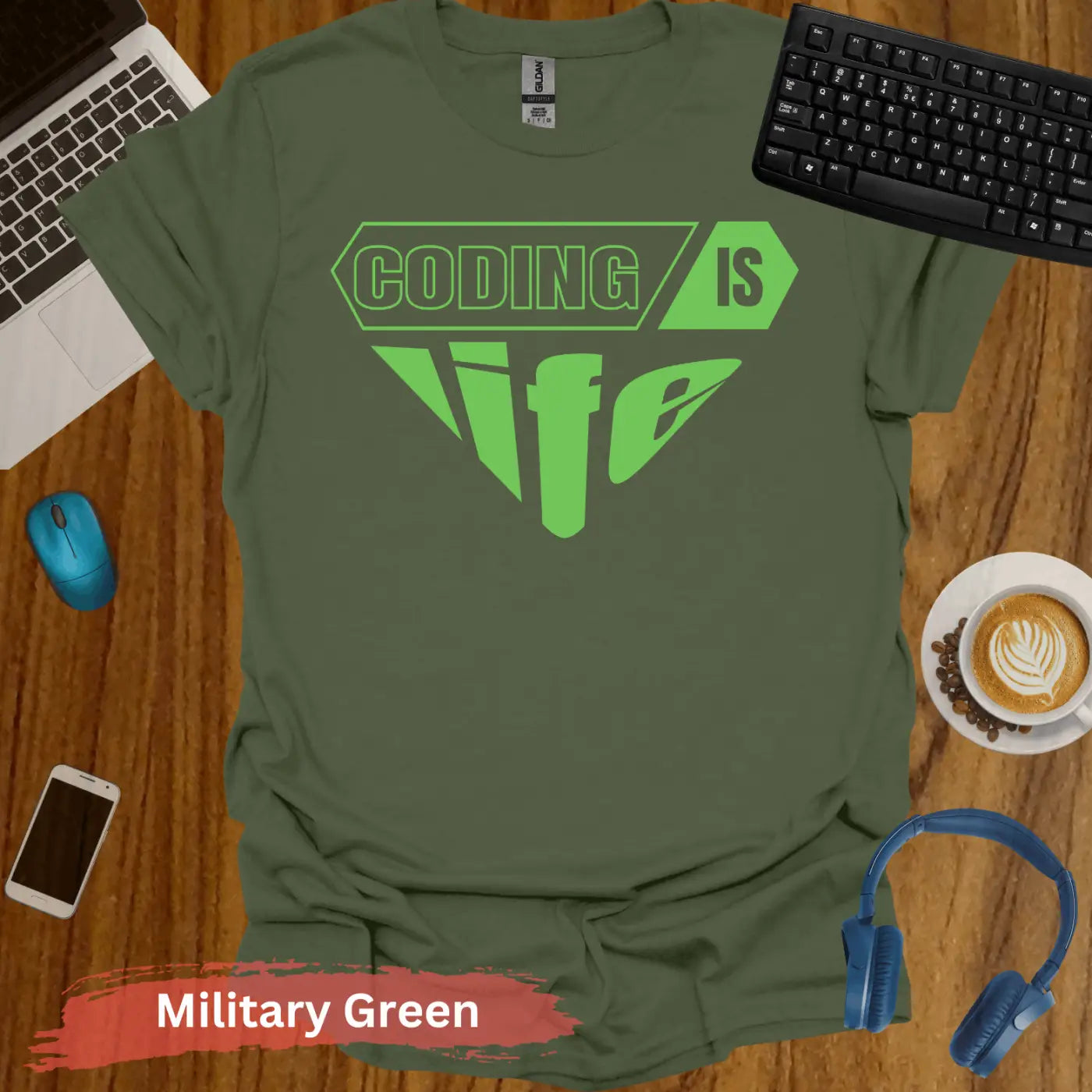 Coding Is Life T-Shirt - S / Military Green - Physical Item