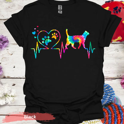 Colorful Cat Heartbeat T-shirt - S / Black - Physical Item