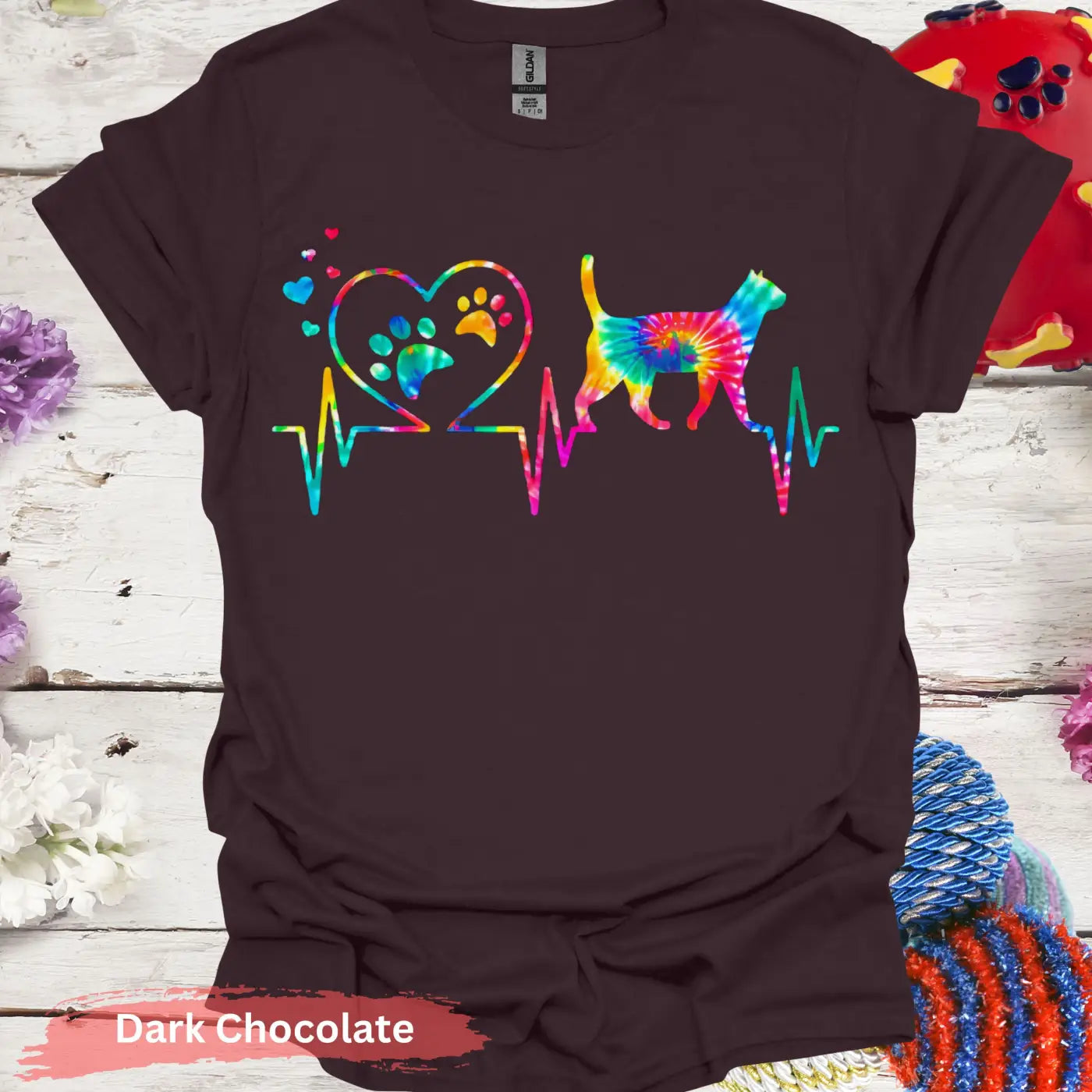 Colorful Cat Heartbeat T-shirt - S / Dark Chocolate - Physical Item