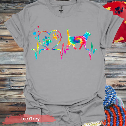 Colorful Cat Heartbeat T-shirt - S / Ice Grey - Physical Item