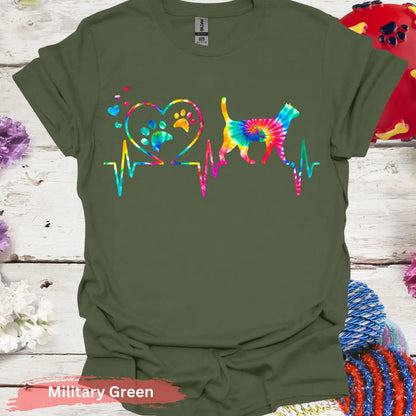 Colorful Cat Heartbeat T-shirt - S / Military Green - Physical Item