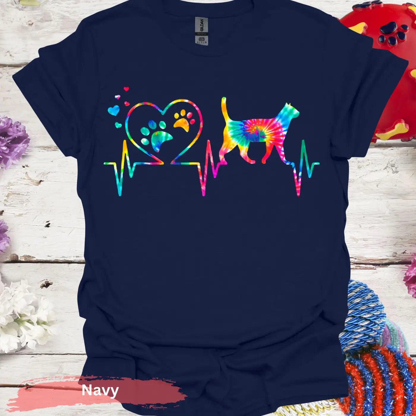 Colorful Cat Heartbeat T-shirt - S / Navy - Physical Item