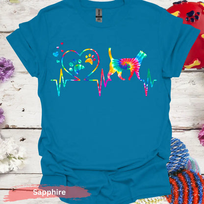 Colorful Cat Heartbeat T-shirt - S / Sapphire - Physical Item