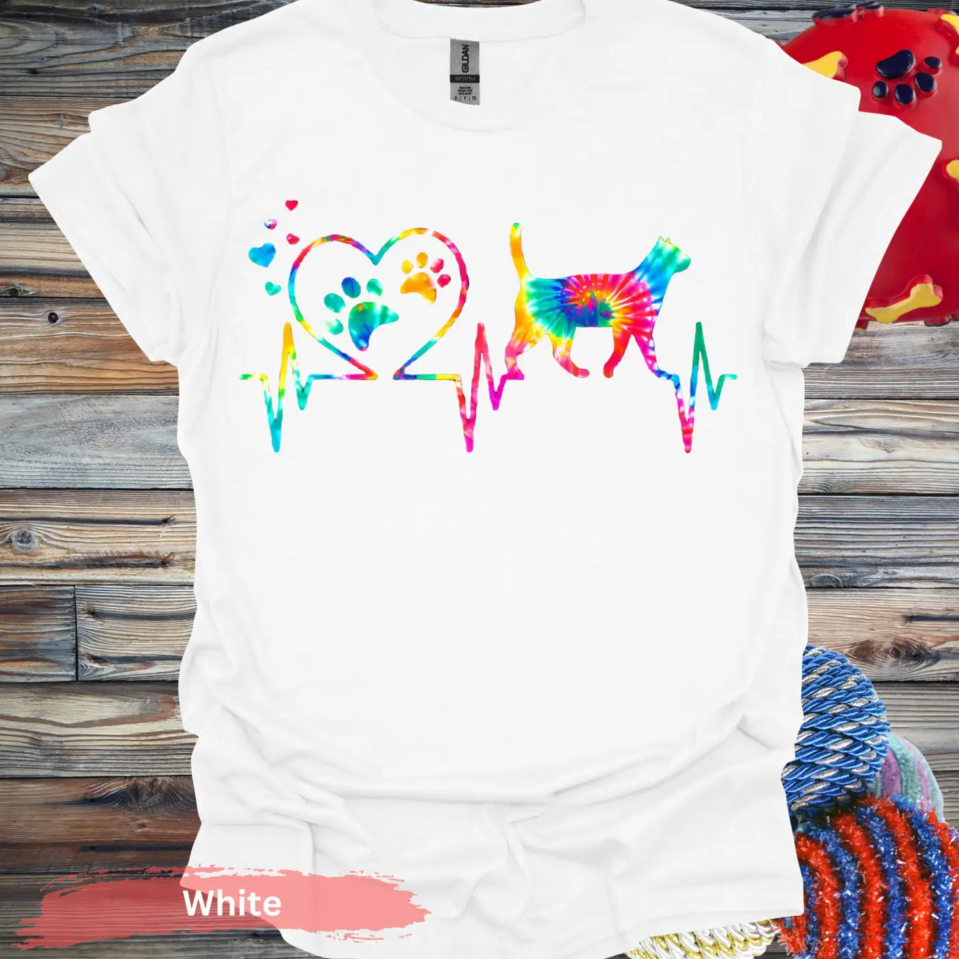 Colorful Cat Heartbeat T-shirt - S / White - Physical Item