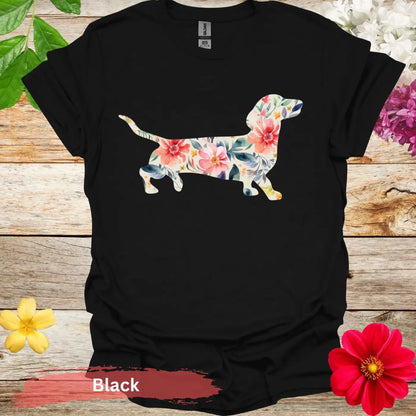 Colorful Dachshund Floral Graphic T-Shirt - S / Black - Physical Item