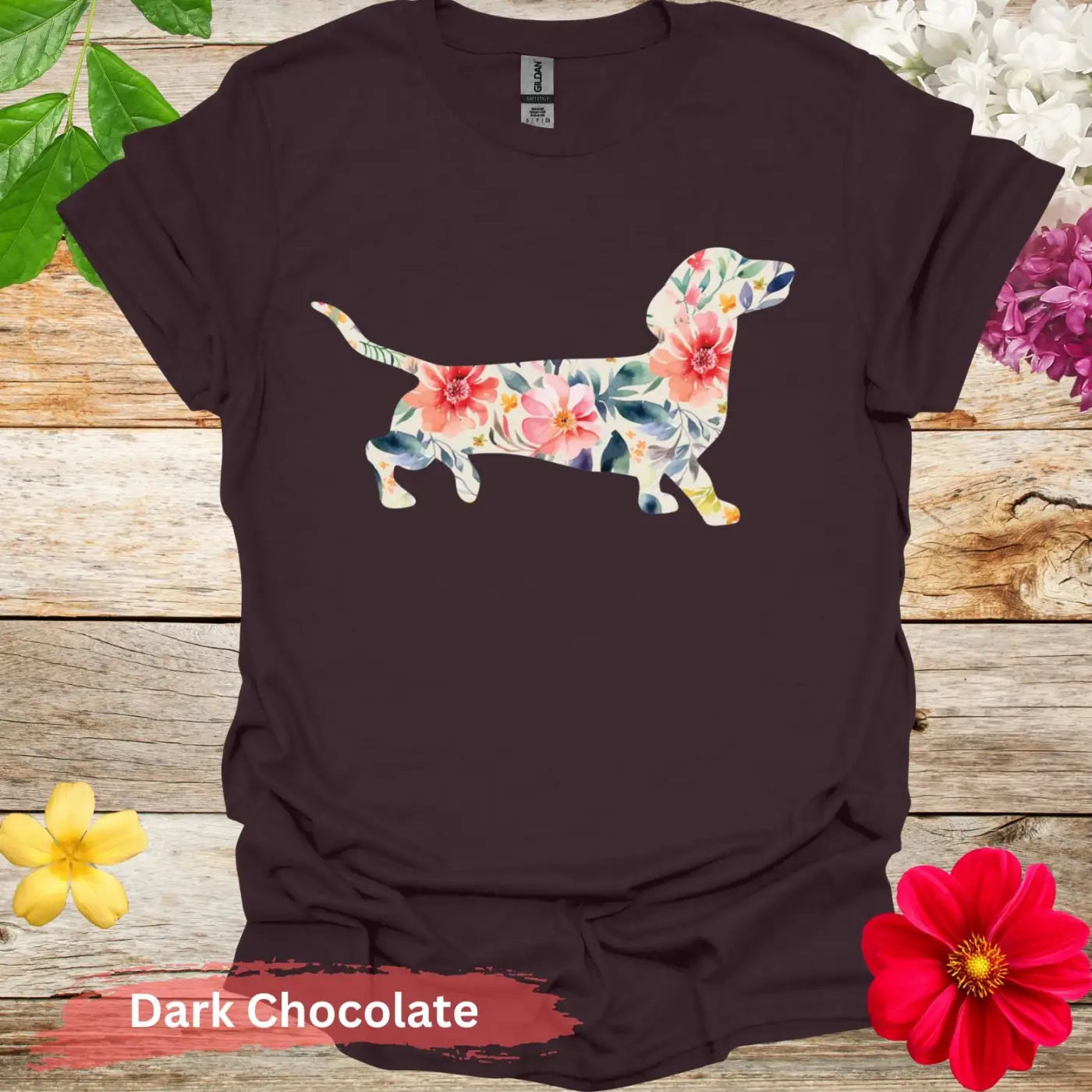 Colorful Dachshund Floral Graphic T-Shirt - S / Dark Chocolate - Physical Item