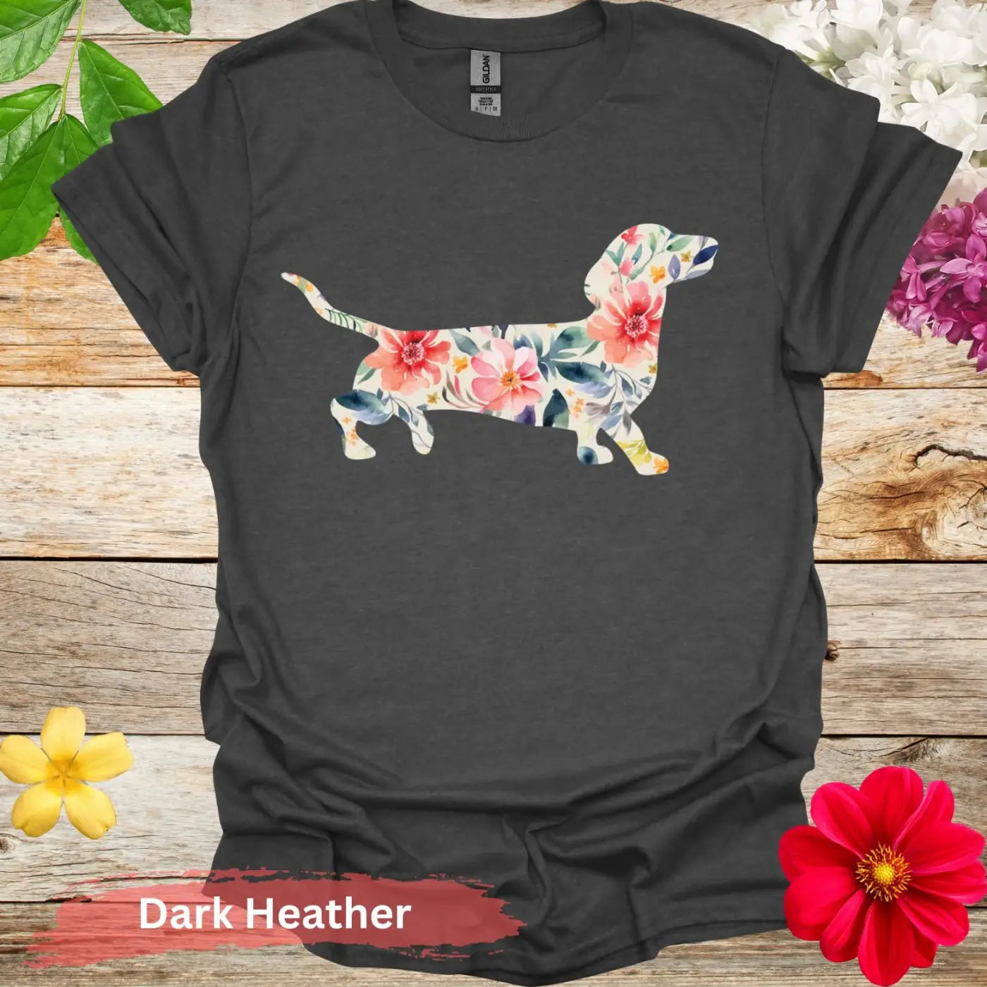 Colorful Dachshund Floral Graphic T-Shirt - S / Dark Heather - Physical Item