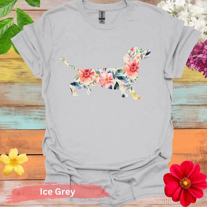 Colorful Dachshund Floral Graphic T-Shirt - S / Ice Grey - Physical Item