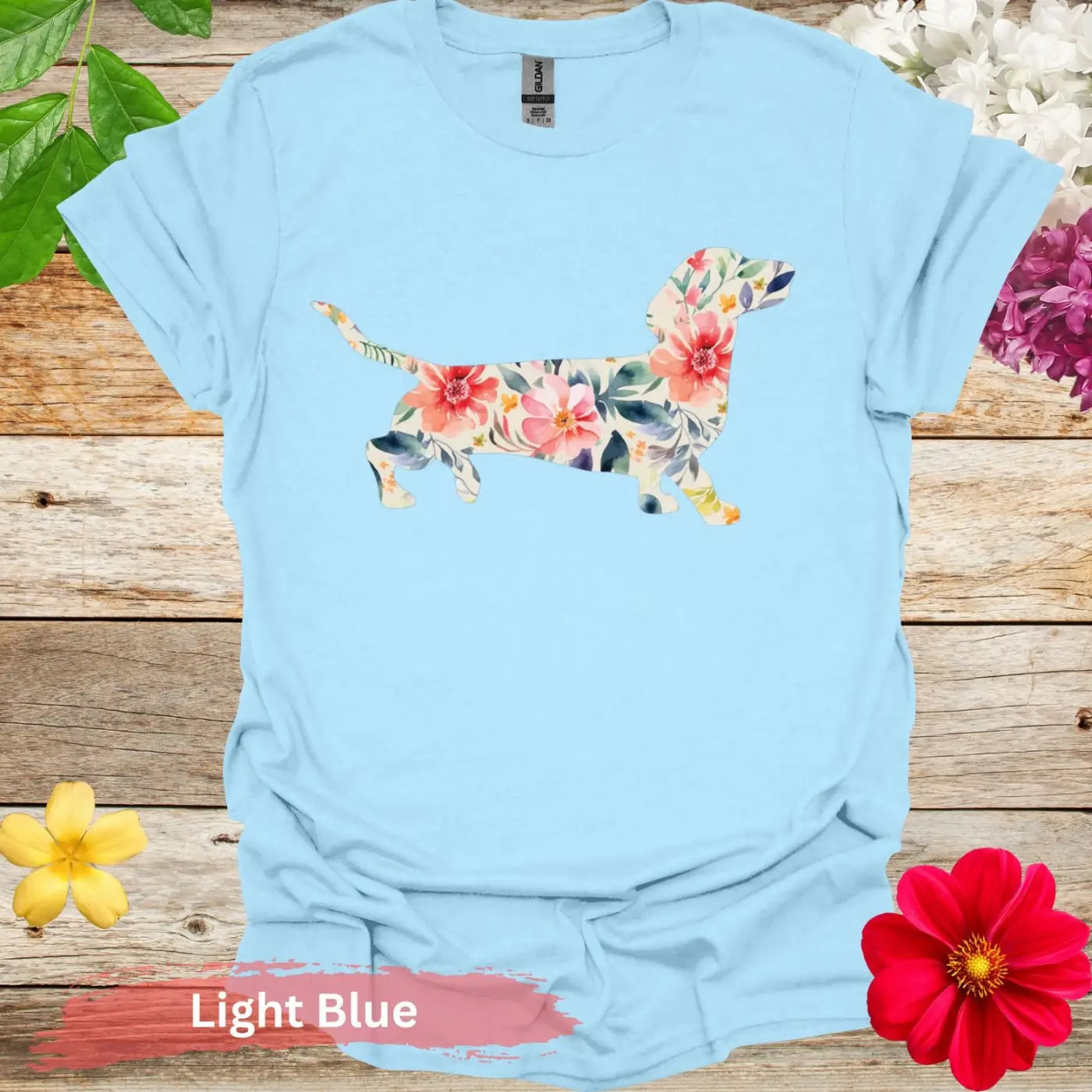 Colorful Dachshund Floral Graphic T-Shirt - S / Light Blue - Physical Item