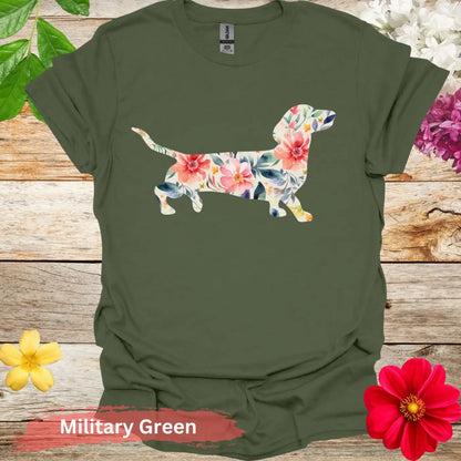 Colorful Dachshund Floral Graphic T-Shirt - S / Military Green - Physical Item