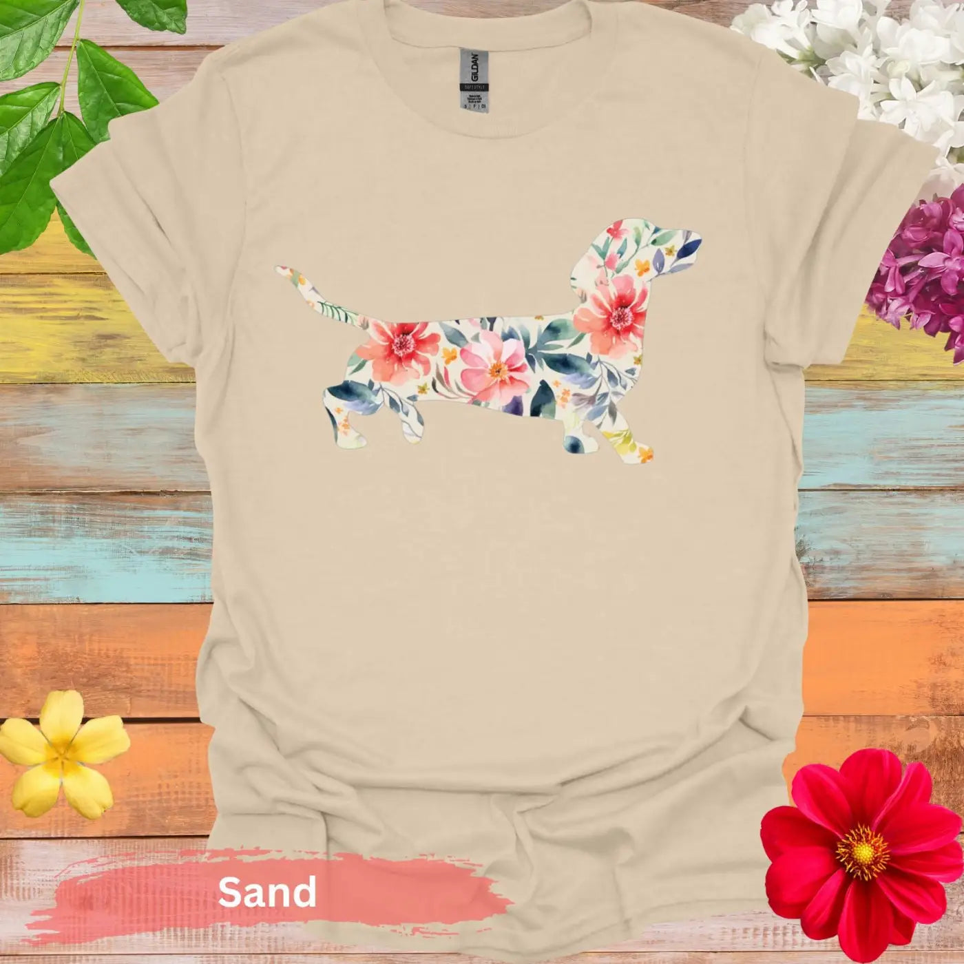 Colorful Dachshund Floral Graphic T-Shirt - S / Sand - Physical Item