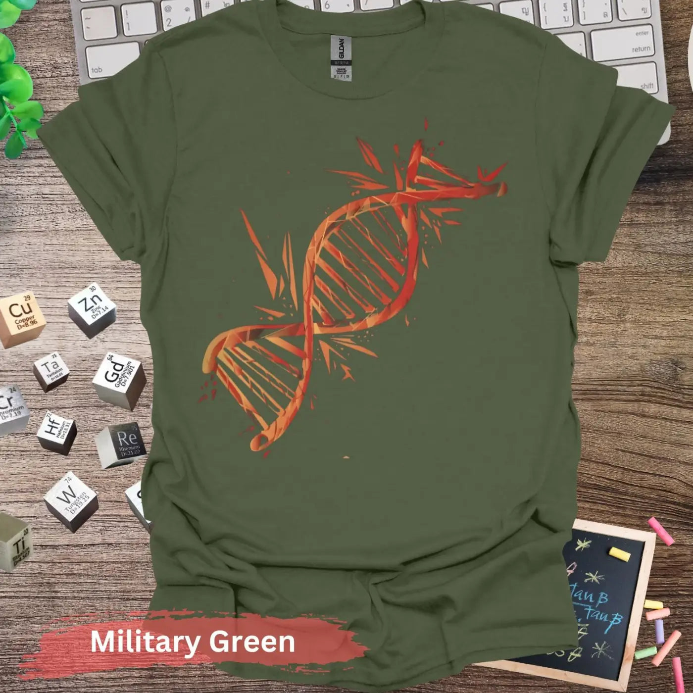 Colorful DNA Strand T-Shirt - S / Military Green - Physical Item